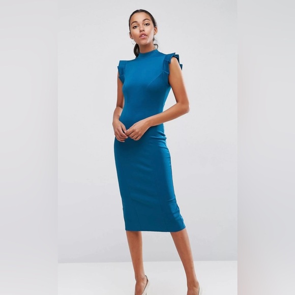 ASOS|Teal Midi high neck pencil dress with cut out back and shoulder detail••• - Picture 3 of 14